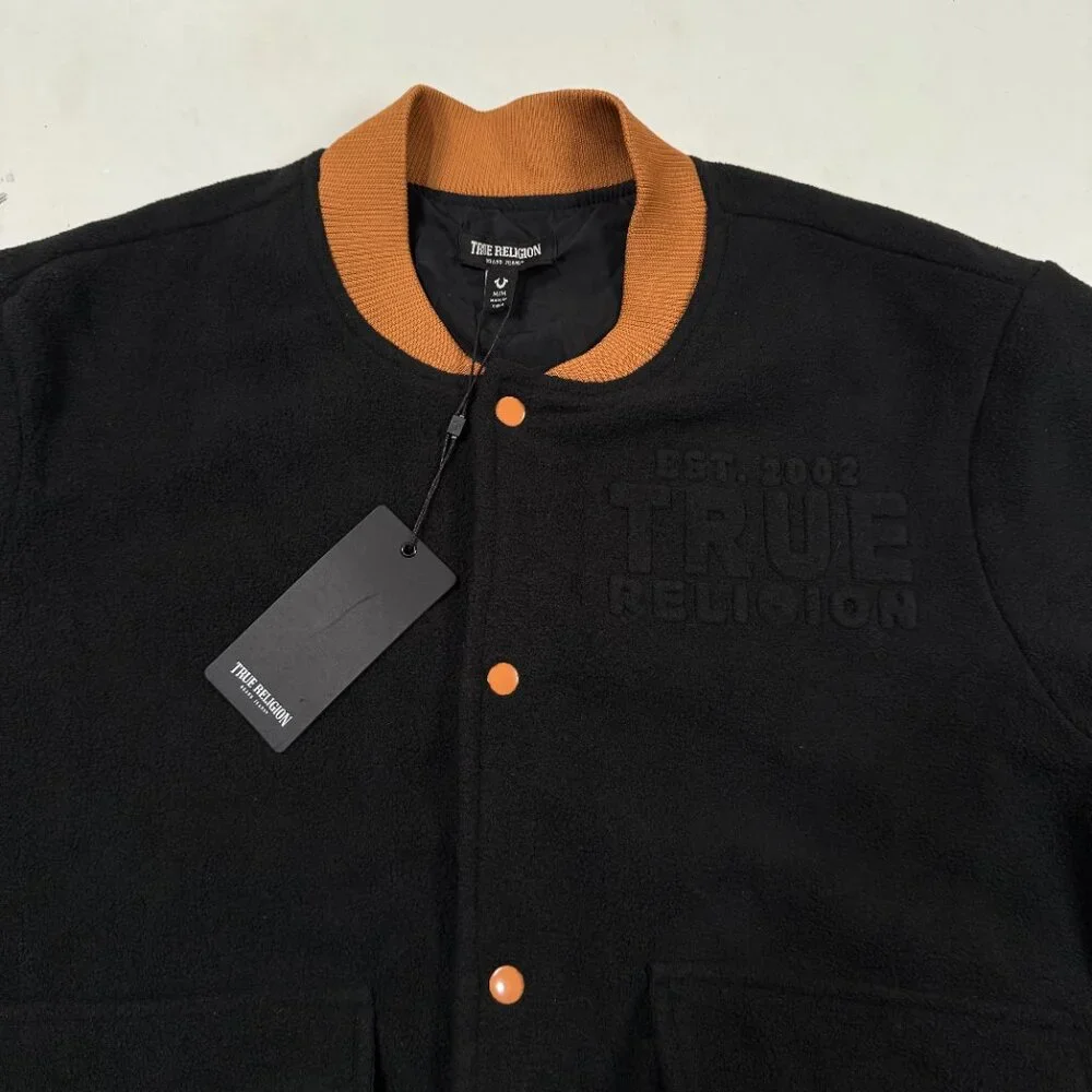 True Religion Black Fleece Bomber Jacket Mens Medium Embossed Logo Snap NWT‎